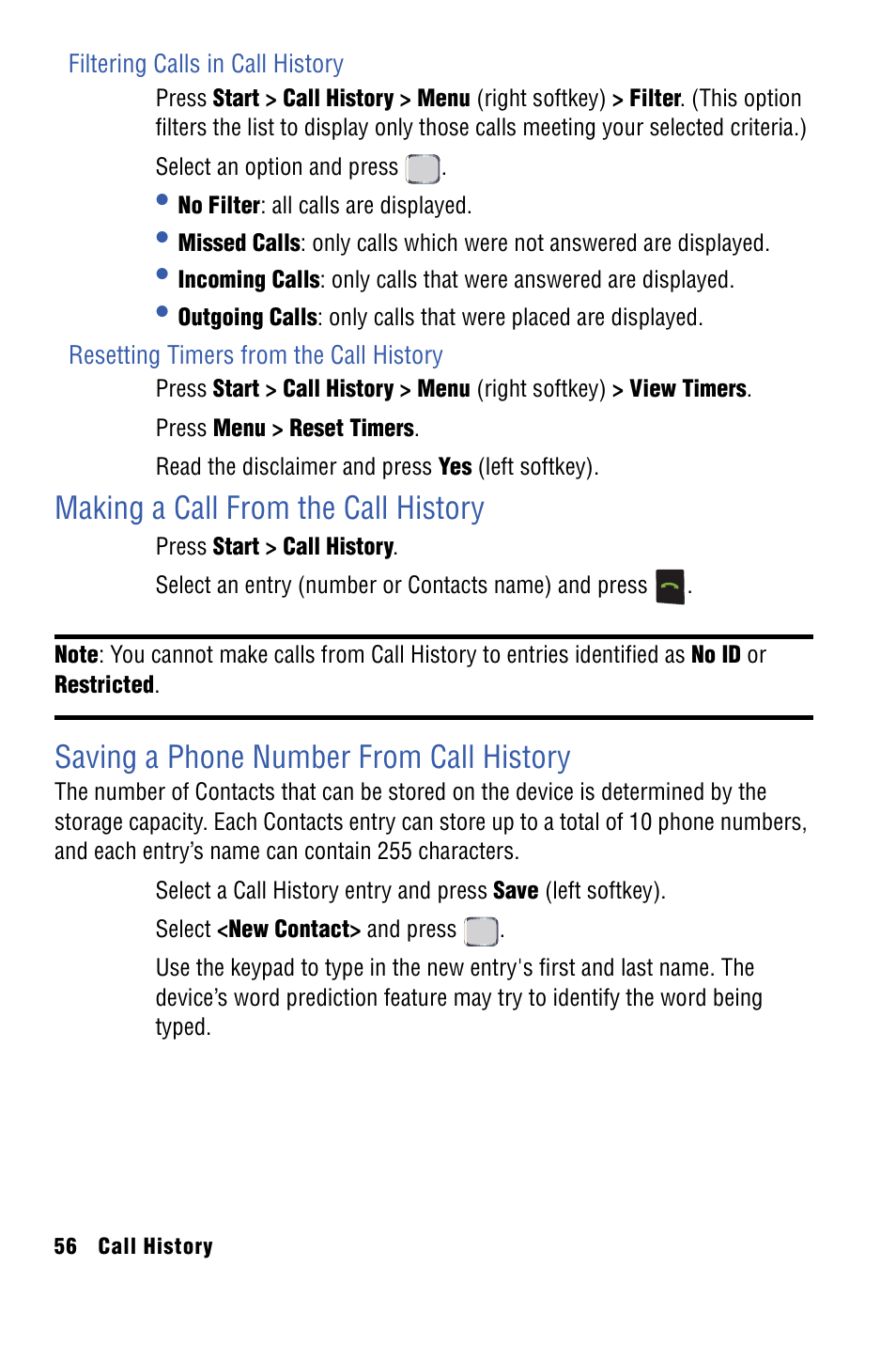 Making a call from the call history, Saving a phone number from call history | Samsung SPH-I325 User Manual | Page 64 / 164