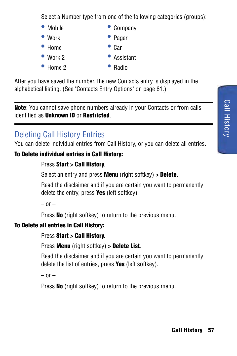 Deleting call history entries | Samsung SPH-I325 User Manual | Page 65 / 164