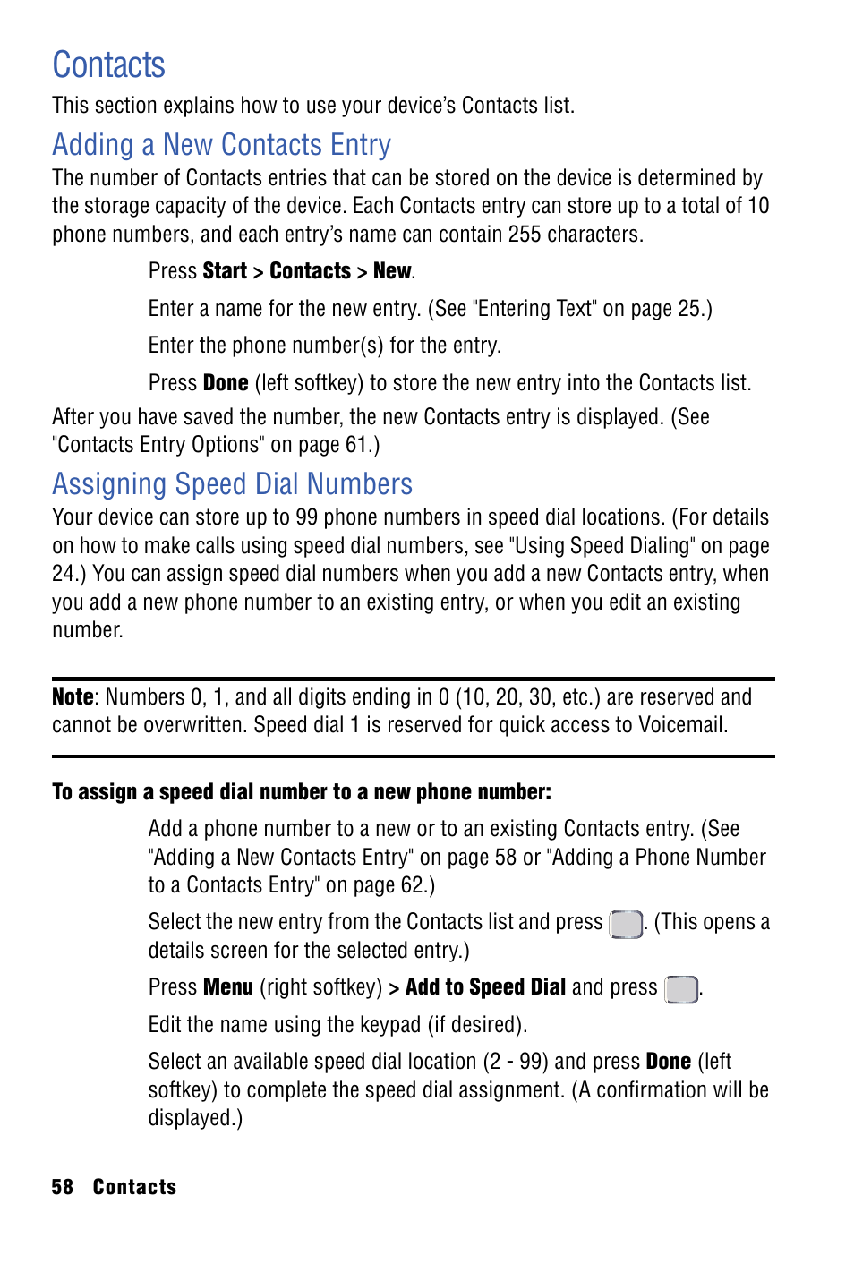 Contacts, Adding a new contacts entry, Assigning speed dial numbers | Samsung SPH-I325 User Manual | Page 66 / 164