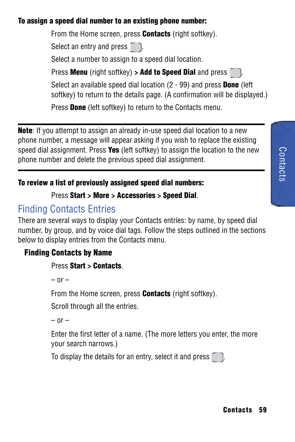 Finding contacts entries, Contacts | Samsung SPH-I325 User Manual | Page 67 / 164