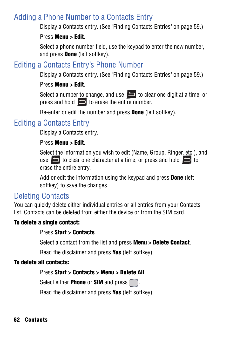 Adding a phone number to a contacts entry, Editing a contacts entry’s phone number, Editing a contacts entry | Deleting contacts | Samsung SPH-I325 User Manual | Page 70 / 164
