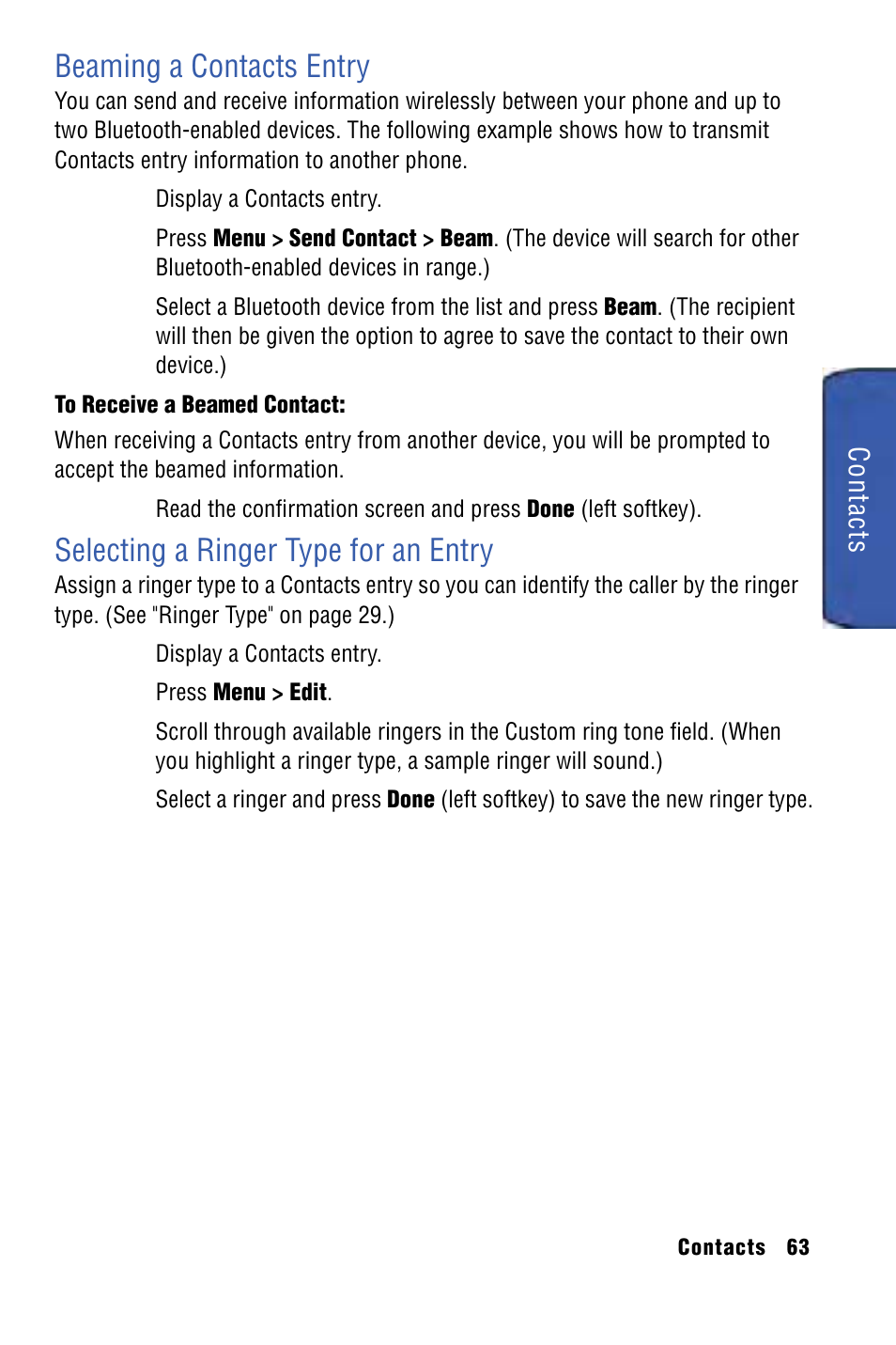 Beaming a contacts entry, Selecting a ringer type for an entry, Contacts | Samsung SPH-I325 User Manual | Page 71 / 164