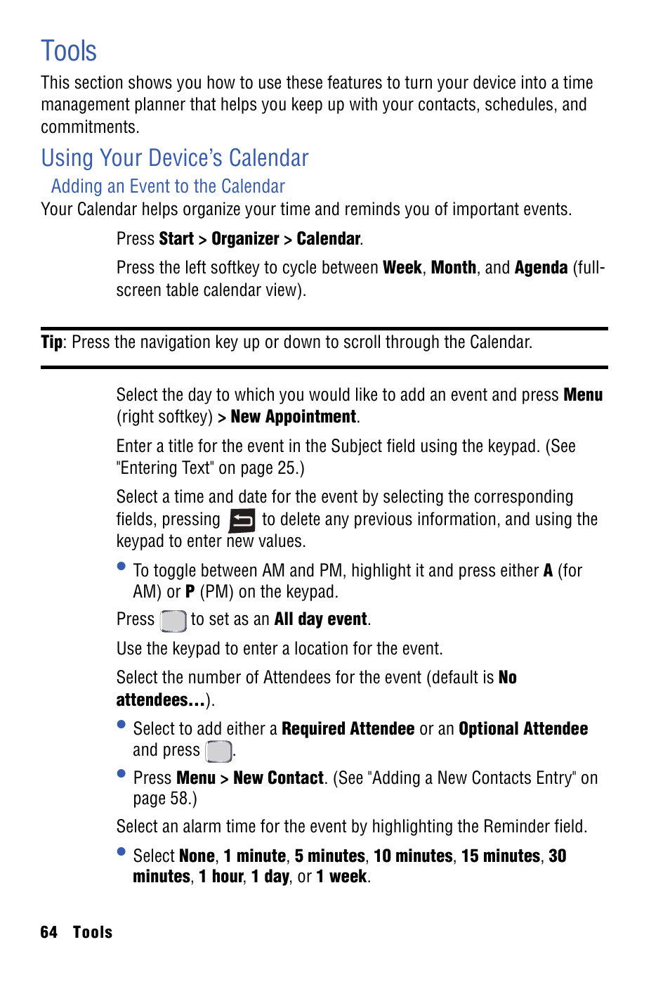Tools, Using your device’s calendar | Samsung SPH-I325 User Manual | Page 72 / 164