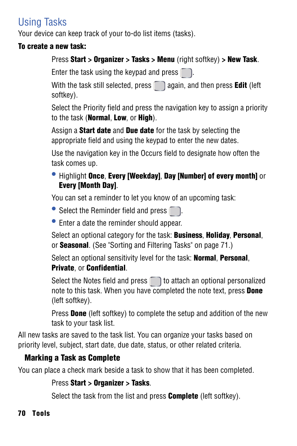 Using tasks | Samsung SPH-I325 User Manual | Page 78 / 164