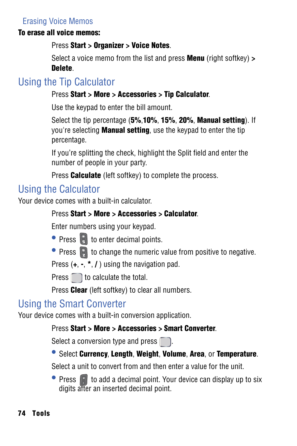 Using the tip calculator, Using the calculator, Using the smart converter | Samsung SPH-I325 User Manual | Page 82 / 164