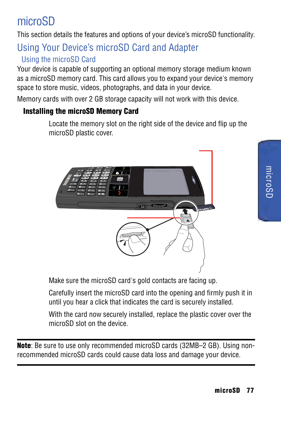Using your device’s microsd card and adapter, Microsd | Samsung SPH-I325 User Manual | Page 85 / 164