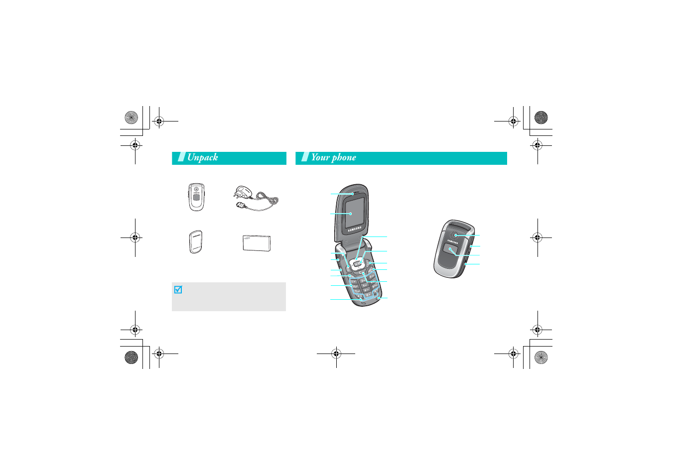 Unpack, Your phone, Make sure you have each item | Buttons, features, and locations | Samsung Blackjack Access User Manual | Page 9 / 85