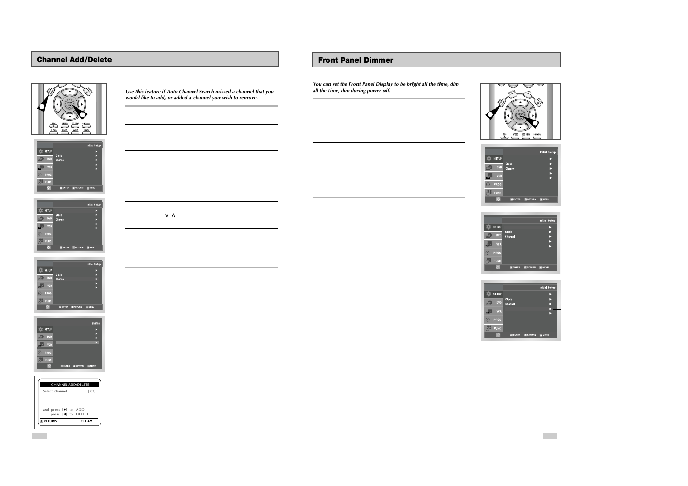 Front panel dimmer, Channel add/delete | Samsung DVD-V3500 User Manual | Page 12 / 35