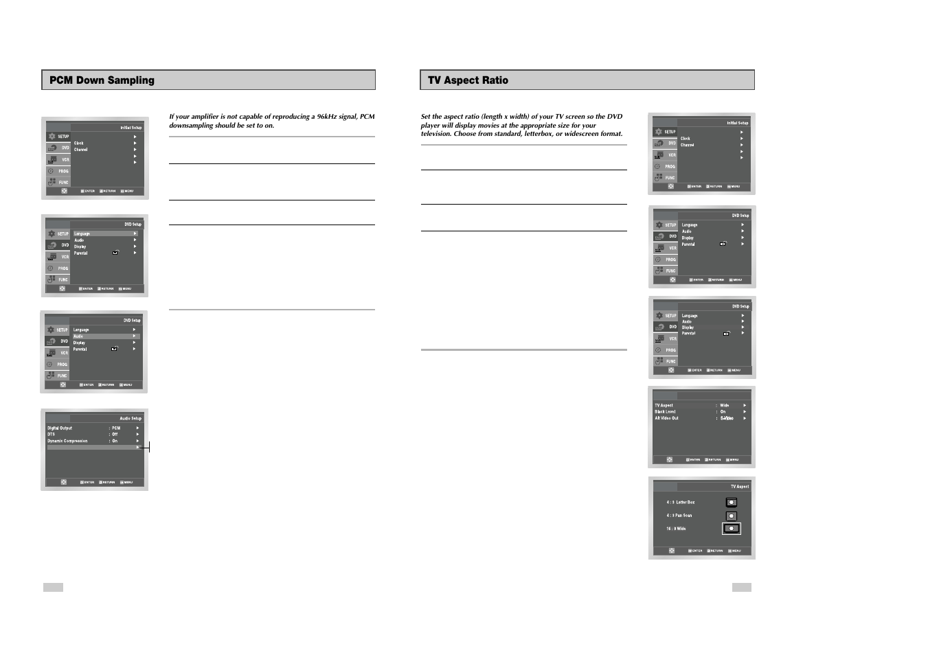 Tv aspect ratio, Pcm down sampling | Samsung DVD-V3500 User Manual | Page 16 / 35