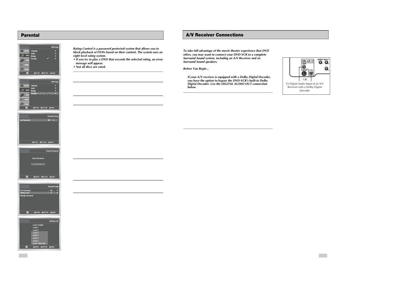 A/v receiver connections, Parental | Samsung DVD-V3500 User Manual | Page 18 / 35