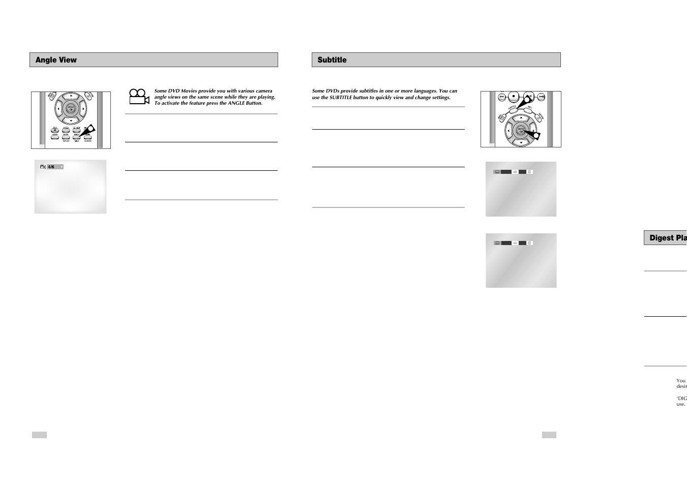 Subtitle digest pla, Angle view | Samsung DVD-V3500 User Manual | Page 22 / 35