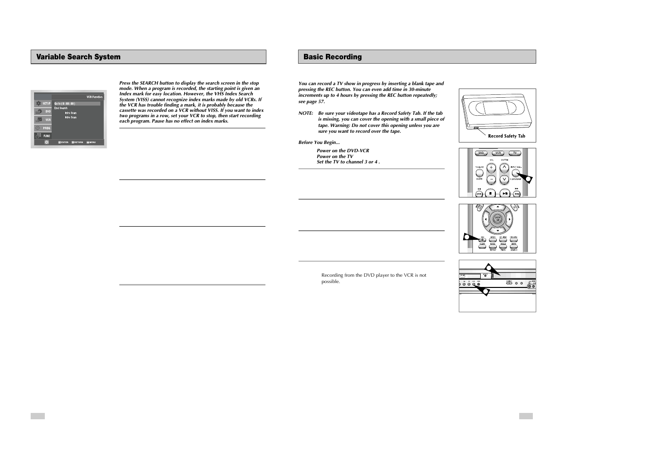 Dvd/vcr progressive, Basic recording, Variable search system | Samsung DVD-V3500 User Manual | Page 29 / 35