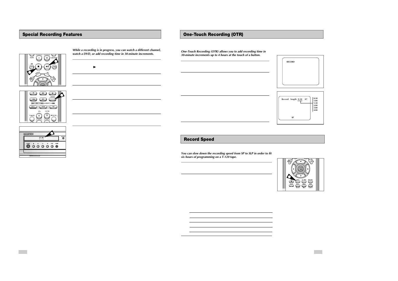 Record speed, One-touch recording (otr), Special recording features | Samsung DVD-V3500 User Manual | Page 30 / 35