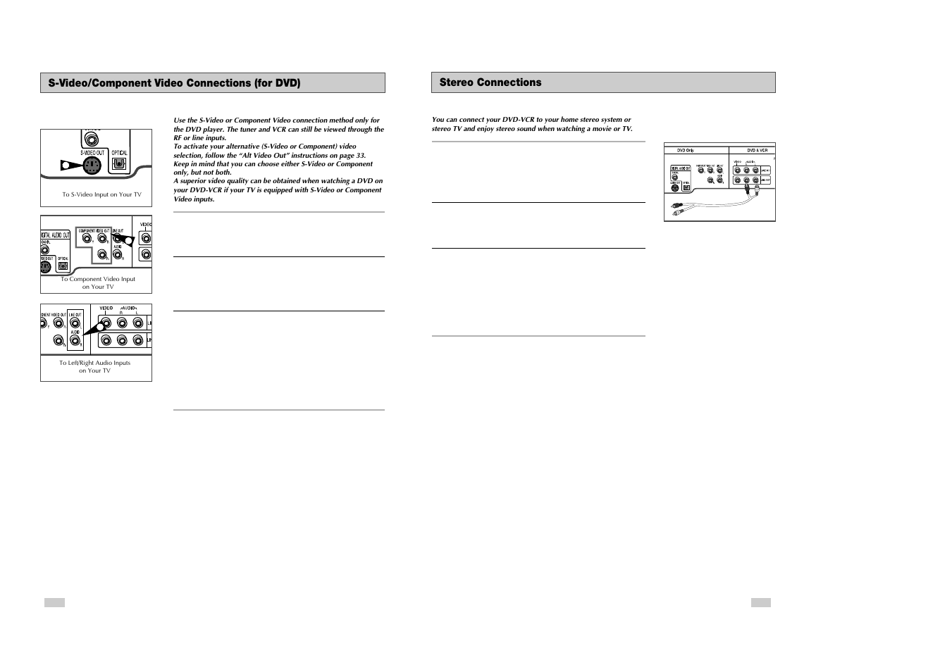 Stereo connections, S-video/component video connections (for dvd) | Samsung DVD-V3500 User Manual | Page 32 / 35