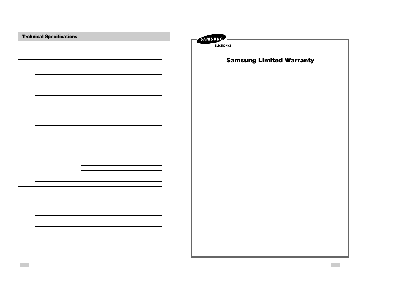 Samsung limited warranty, Technical specifications | Samsung DVD-V3500 User Manual | Page 34 / 35