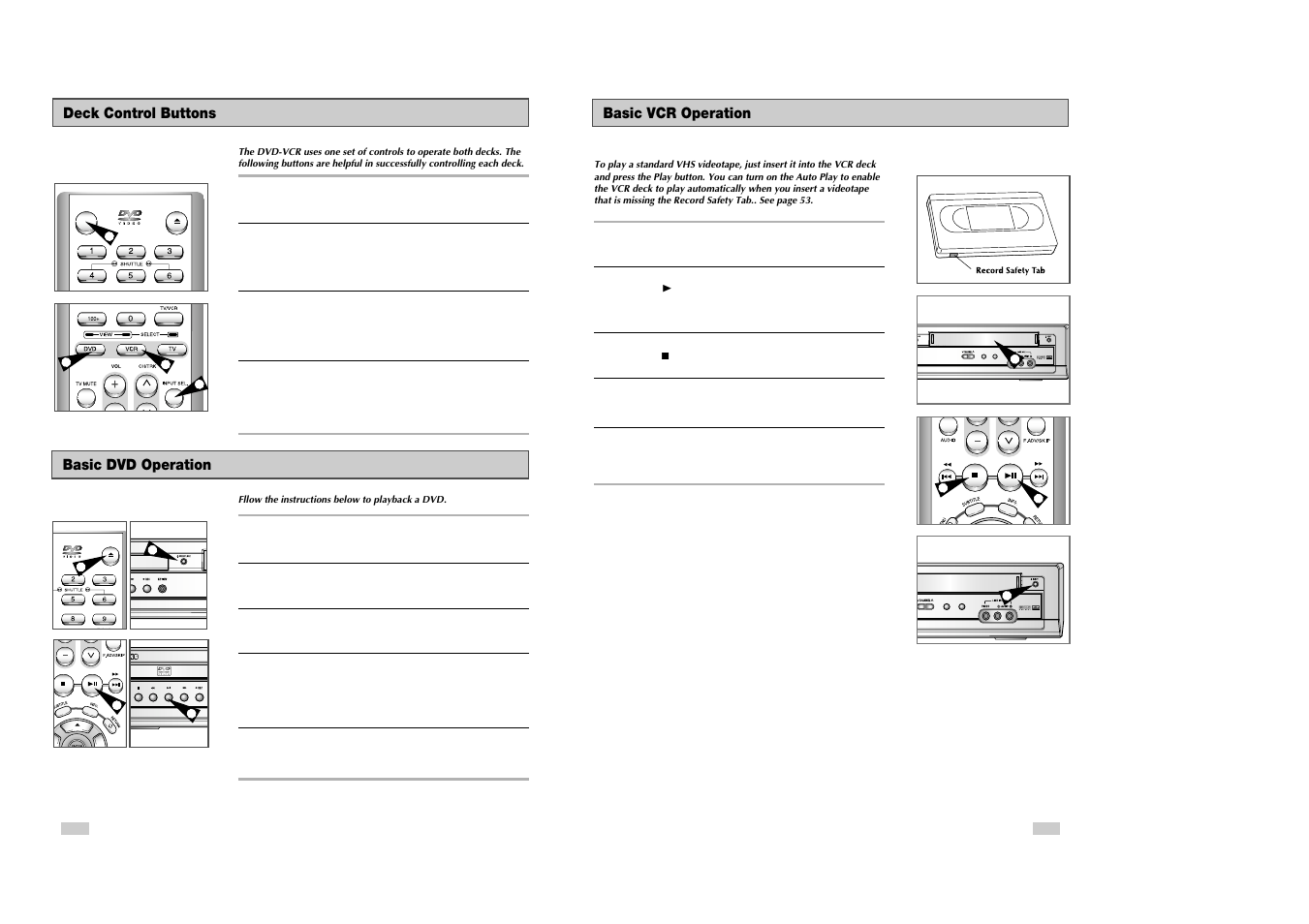 Eject dvd/vcr progressive, Basic vcr operation, Deck control buttons | Basic dvd operation | Samsung DVD-V3500 User Manual | Page 8 / 35