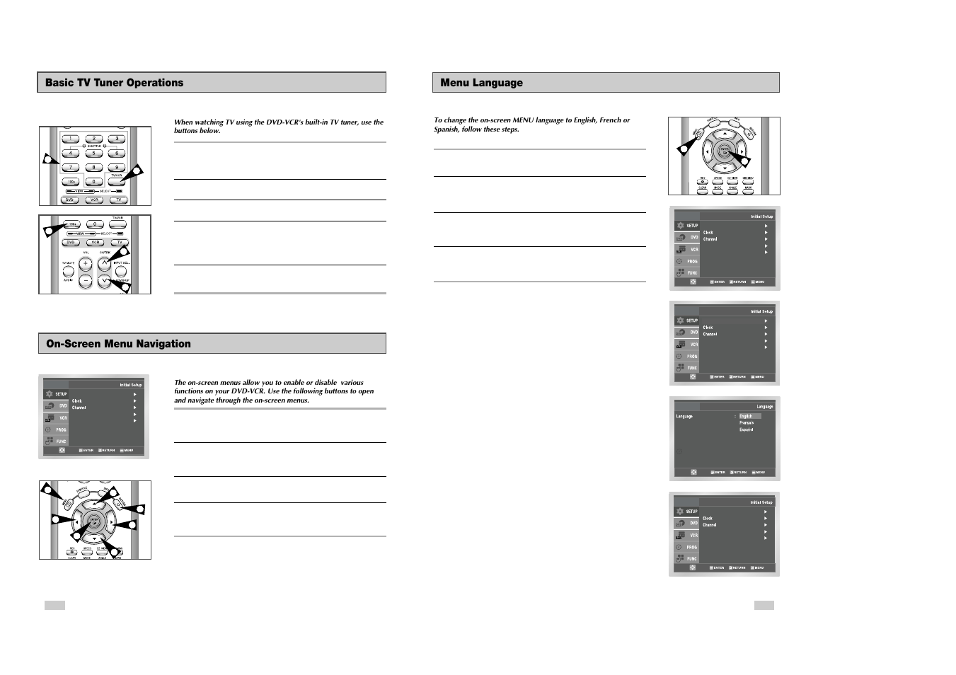 Menu language, Basic tv tuner operations, On-screen menu navigation | Samsung DVD-V3500 User Manual | Page 9 / 35