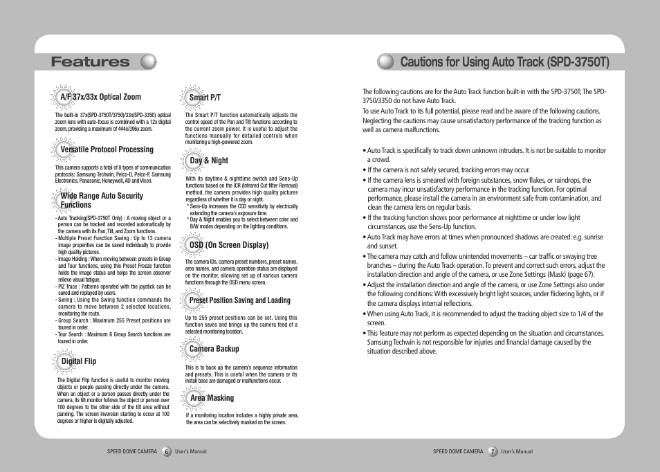 Features cautions for using auto track (spd-3750t) | Samsung SPD-3750T User Manual | Page 4 / 41