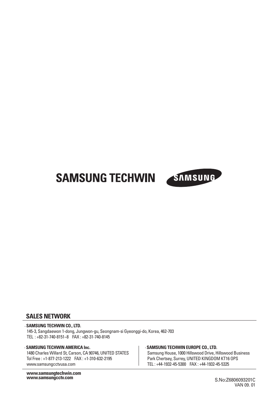 Sales network | Samsung SPD-3750T User Manual | Page 41 / 41