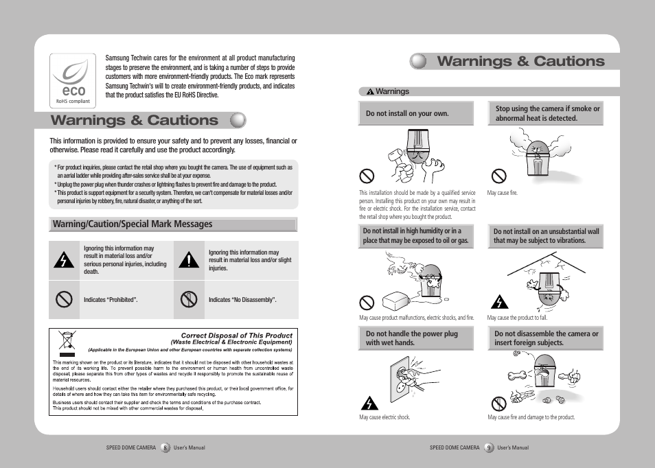 Warnings & cautions, Warning/caution/special mark messages | Samsung SPD-3750T User Manual | Page 5 / 41