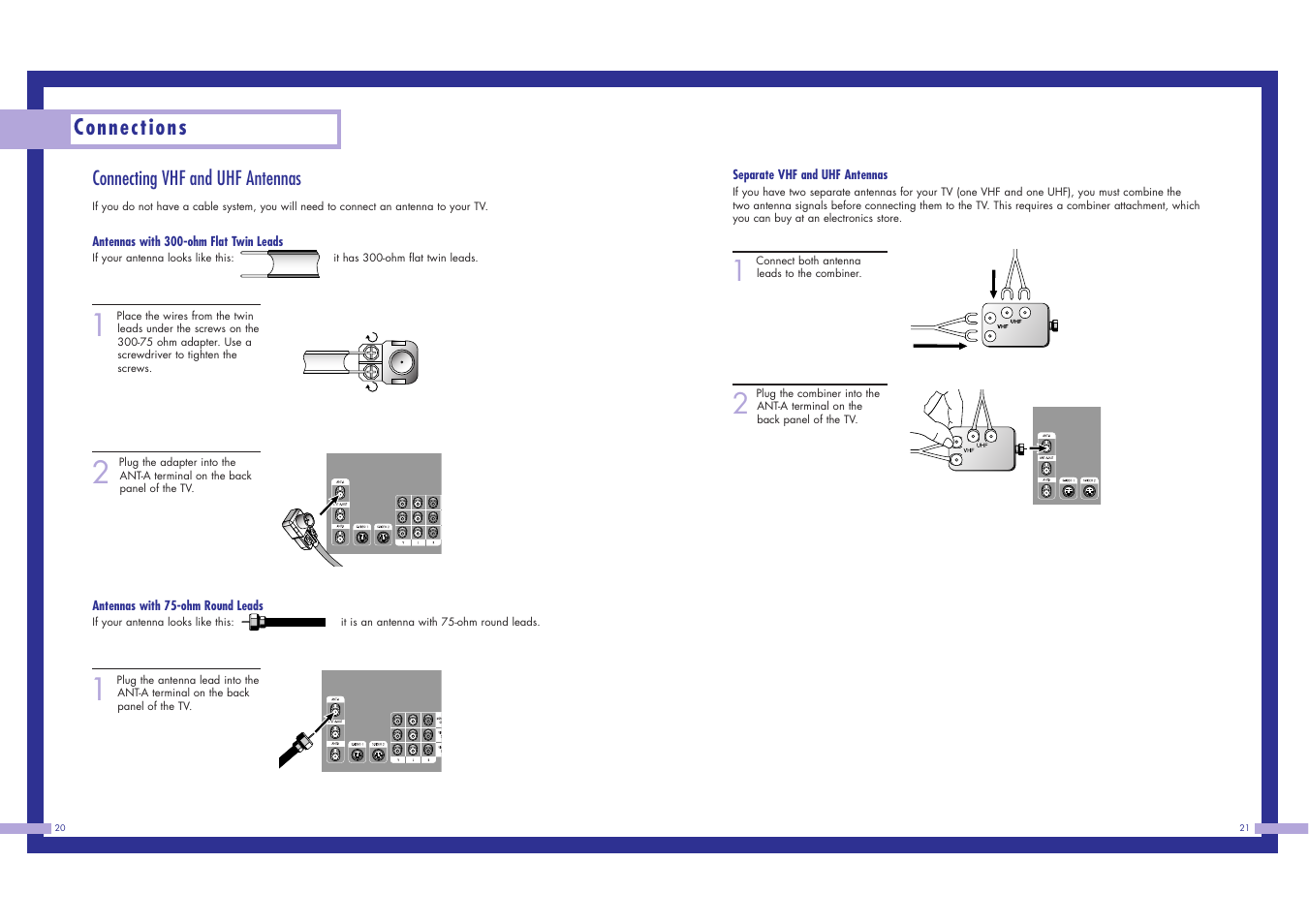 Connections, Connecting vhf and uhf antennas | Samsung LN437W User Manual | Page 11 / 46