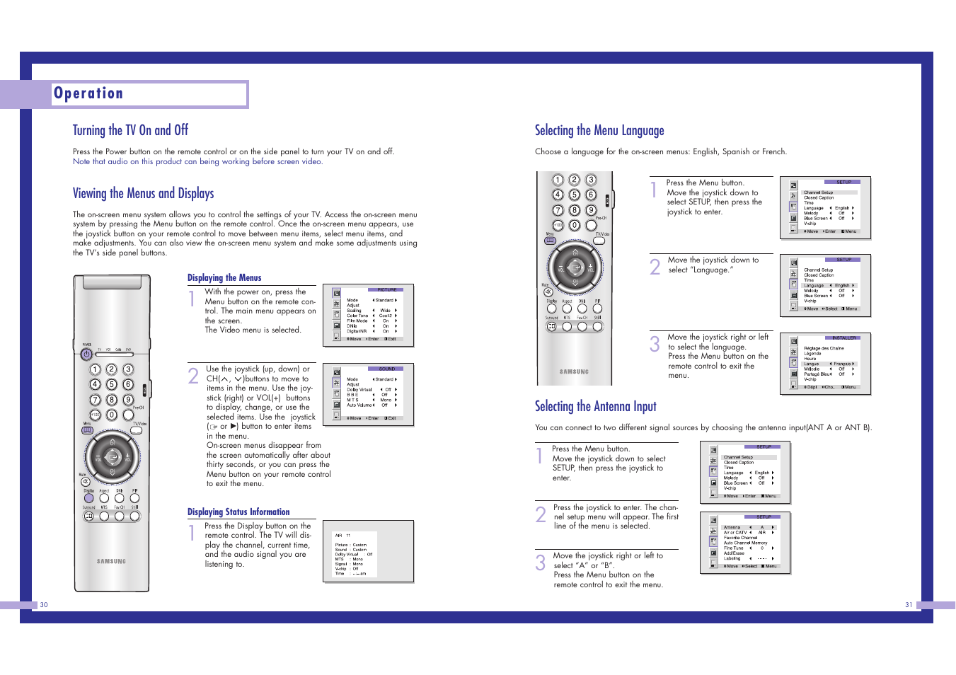 Operation, Turning the tv on and off, Viewing the menus and displays | Selecting the menu language, Selecting the antenna input | Samsung LN437W User Manual | Page 16 / 46