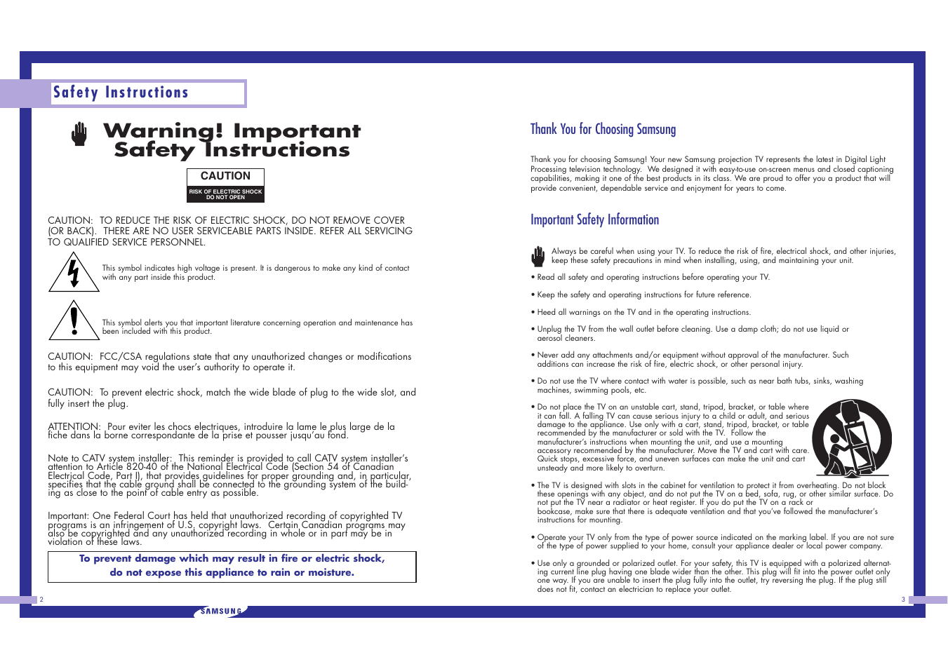 Warning! important safety instructions, Safety instructions, Important safety information | Samsung LN437W User Manual | Page 2 / 46