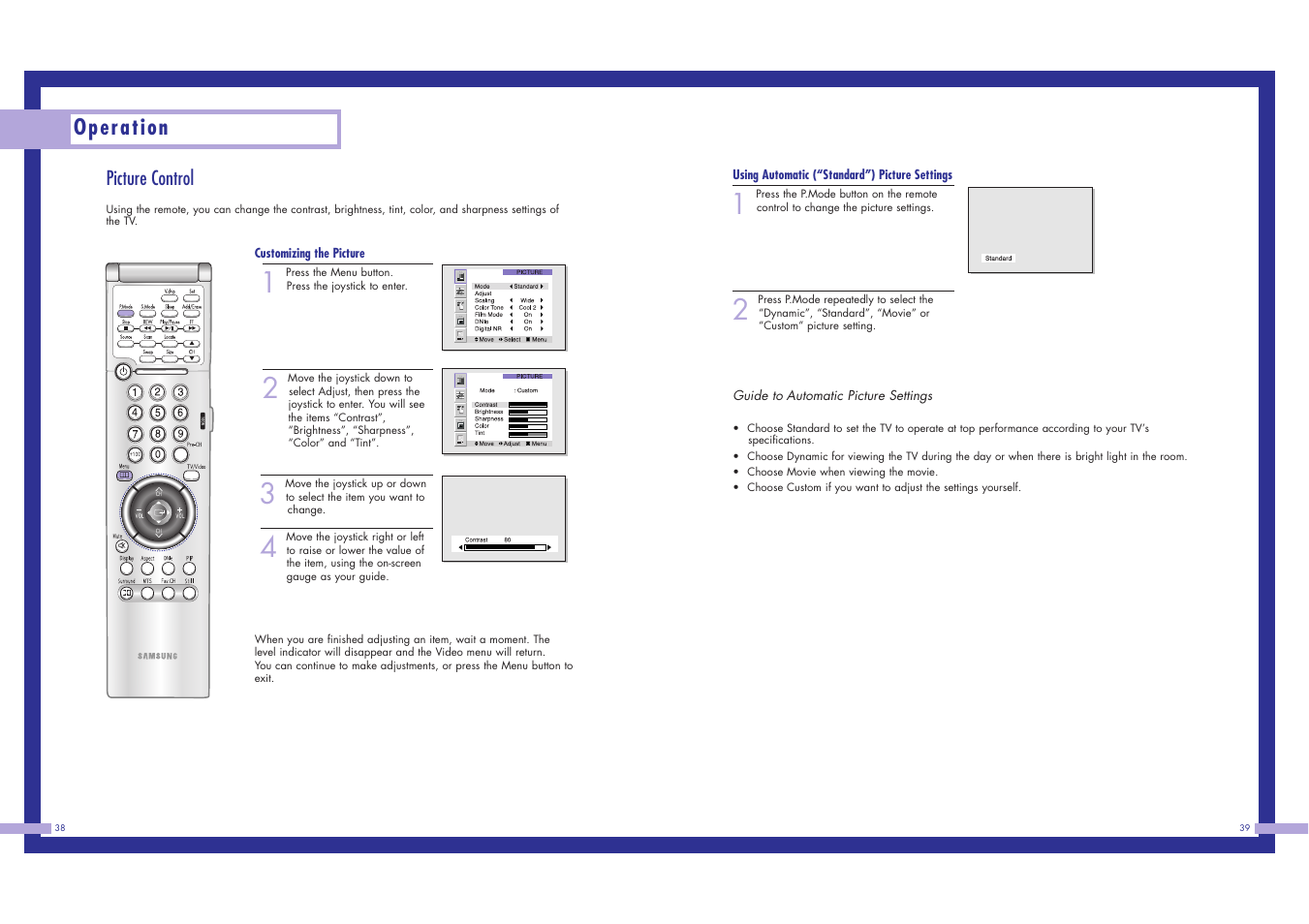 Operation, Picture control | Samsung LN437W User Manual | Page 20 / 46