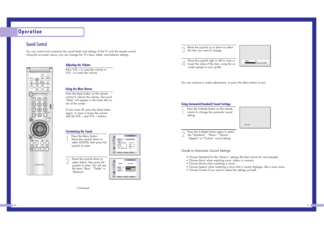 Operation, Sound control | Samsung LN437W User Manual | Page 21 / 46