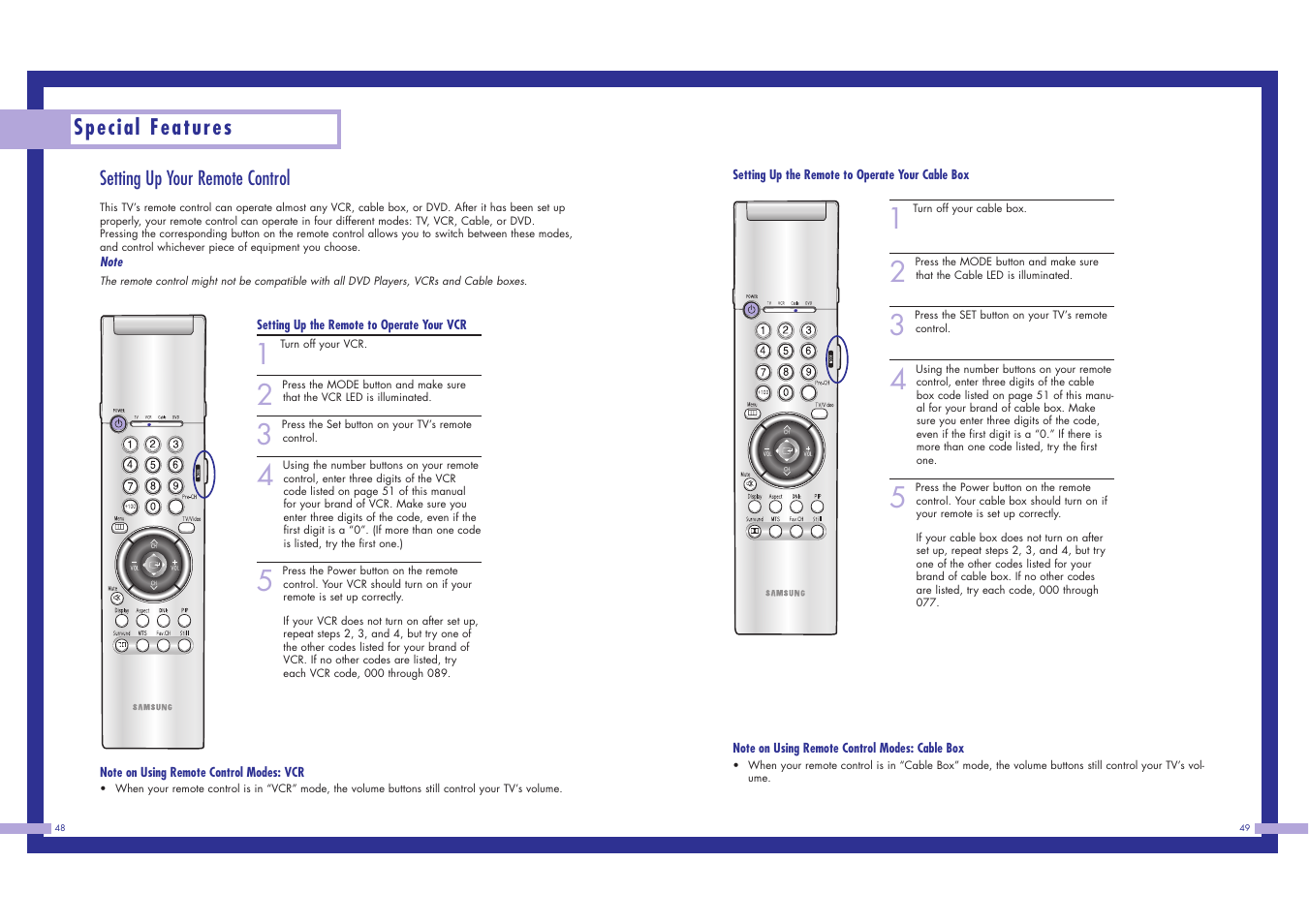 Special features, Setting up your remote control | Samsung LN437W User Manual | Page 25 / 46