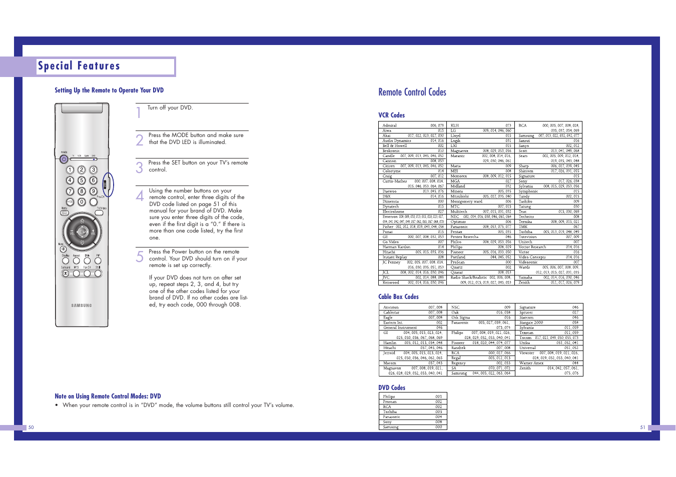 Special features, Remote control codes | Samsung LN437W User Manual | Page 26 / 46