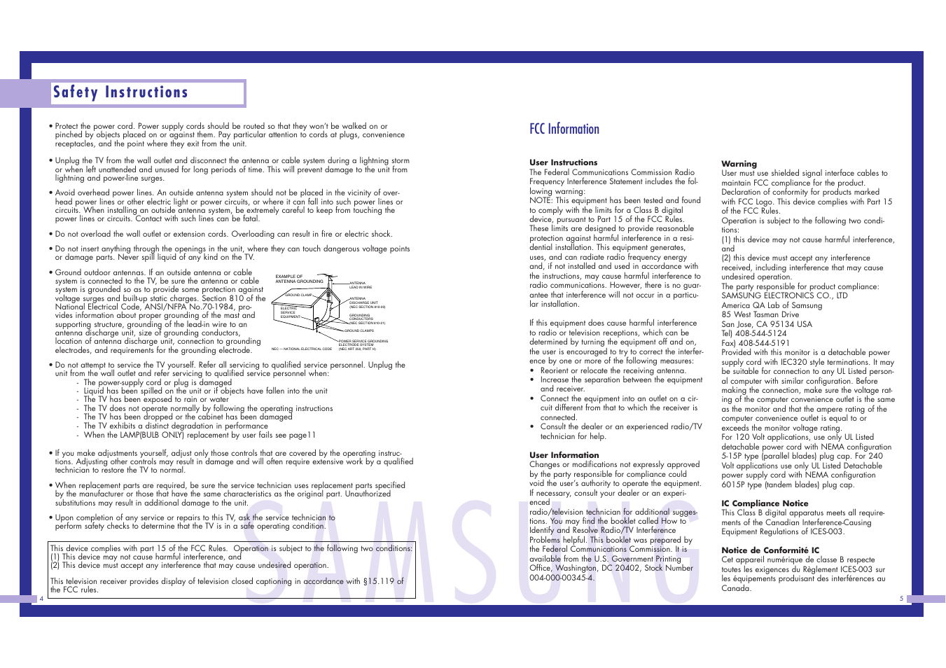 Samsung, Safety instructions, Fcc information | Samsung LN437W User Manual | Page 3 / 46