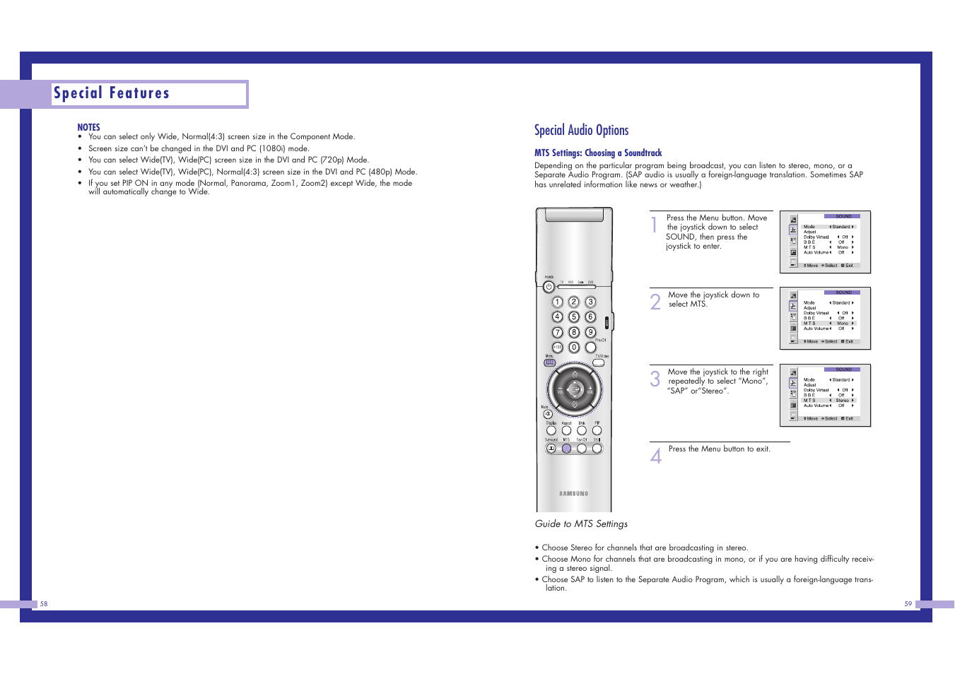 Special features, Special audio options | Samsung LN437W User Manual | Page 30 / 46