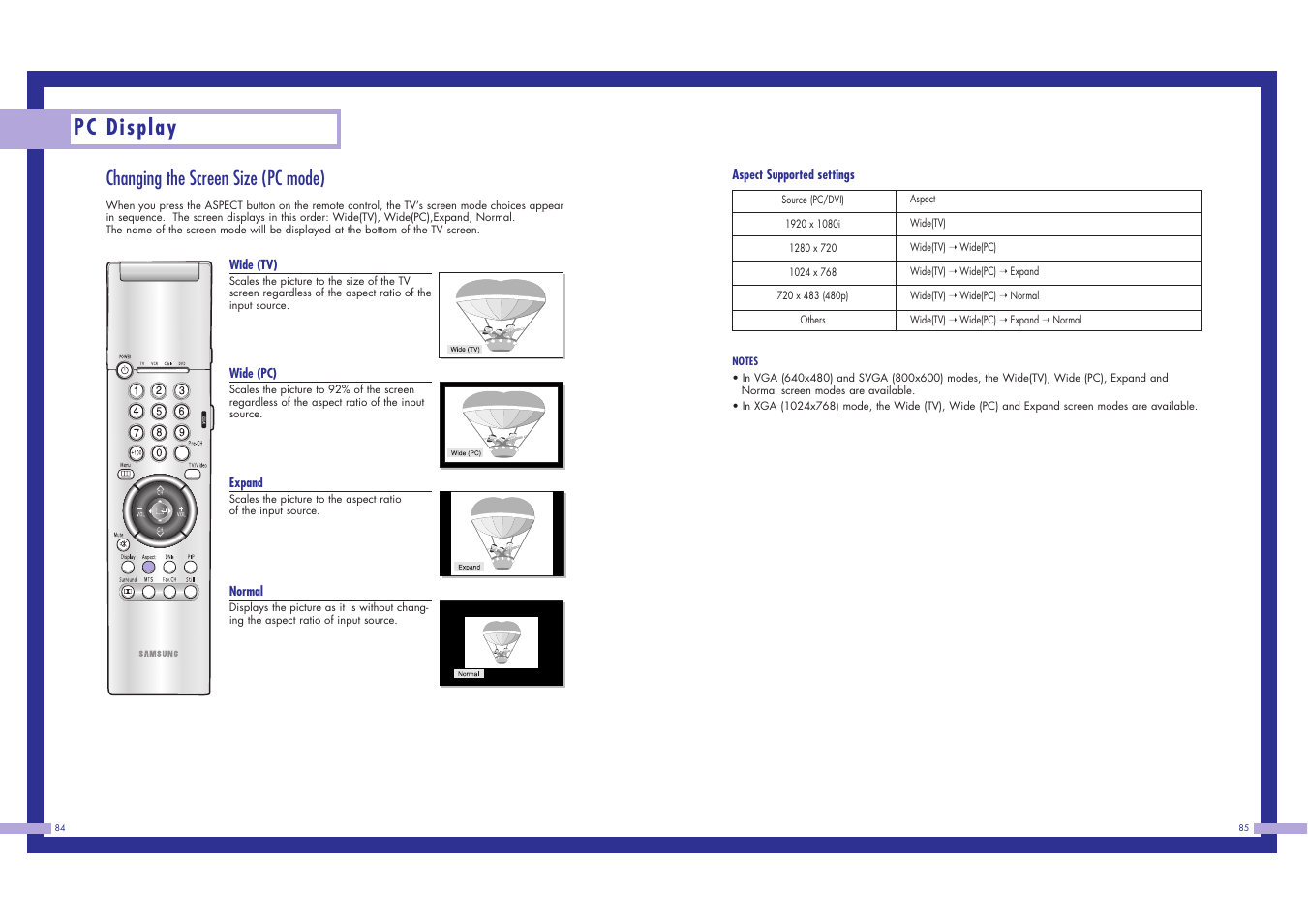 Pc display, Changing the screen size (pc mode) | Samsung LN437W User Manual | Page 43 / 46