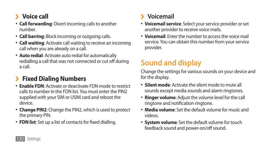 Sound and display, Voicemail, Voice call | Fixed dialing numbers | Samsung Galaxy 3 User Manual | Page 100 / 128