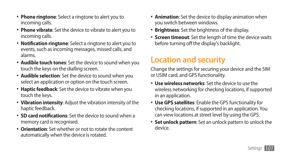 Location and security | Samsung Galaxy 3 User Manual | Page 101 / 128