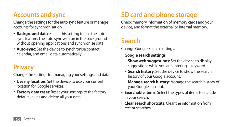 Sd card and phone storage, Search, Accounts and sync | Privacy | Samsung Galaxy 3 User Manual | Page 104 / 128