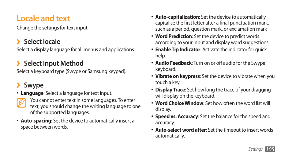 Locale and text, Select locale, Select input method | Swype | Samsung Galaxy 3 User Manual | Page 105 / 128