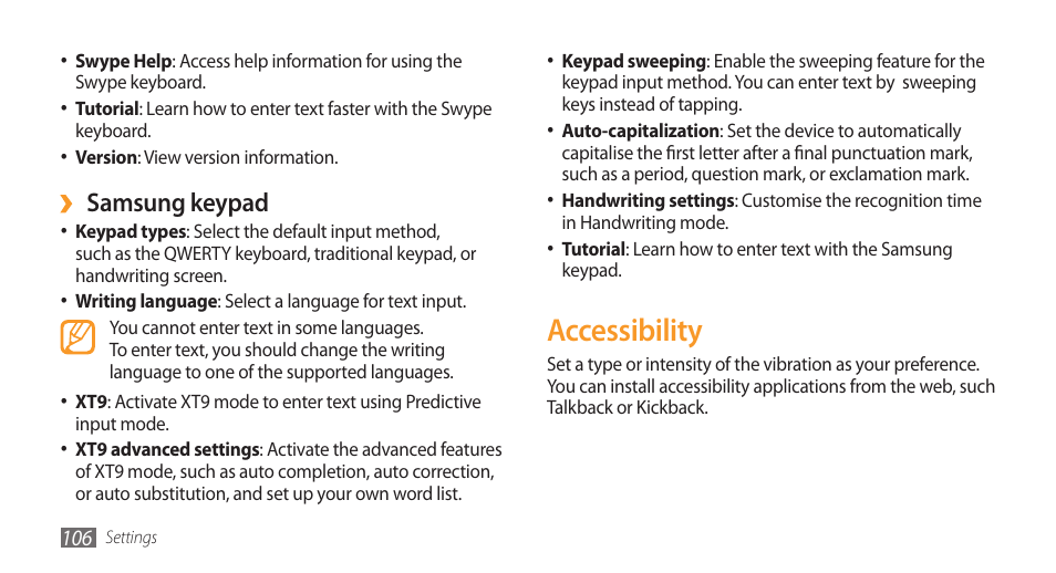 Accessibility, Samsung keypad | Samsung Galaxy 3 User Manual | Page 106 / 128