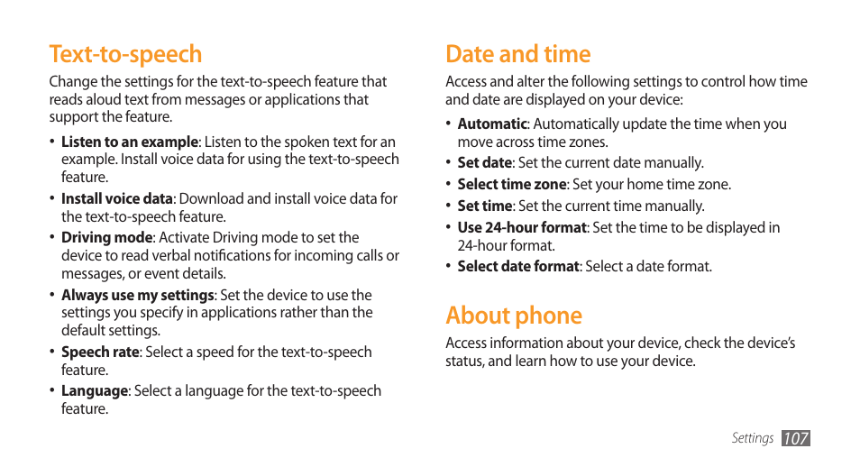 Date and time, About phone, Text-to-speech | Samsung Galaxy 3 User Manual | Page 107 / 128