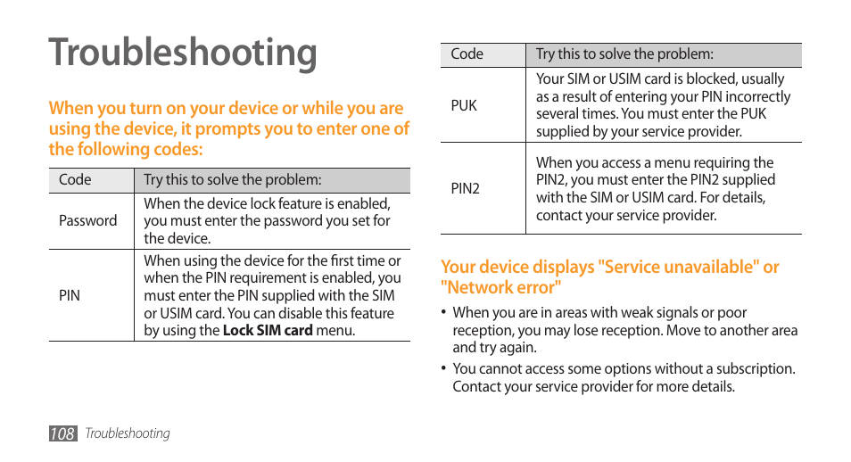 Troubleshooting | Samsung Galaxy 3 User Manual | Page 108 / 128