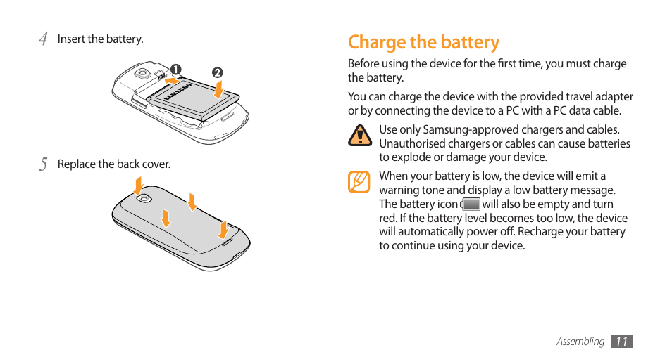 Charge the battery | Samsung Galaxy 3 User Manual | Page 11 / 128