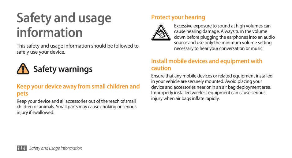 Safety and usage information, Safety warnings | Samsung Galaxy 3 User Manual | Page 114 / 128
