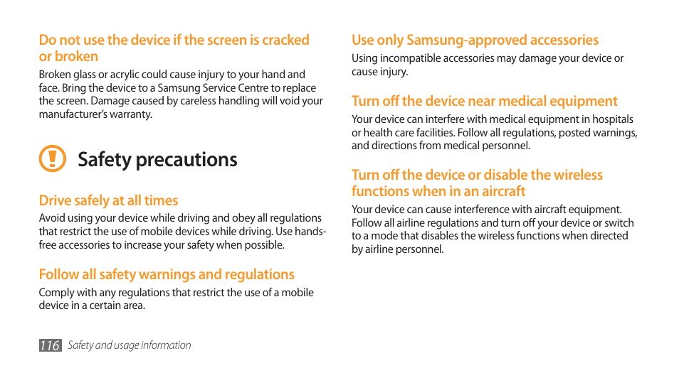 Safety precautions | Samsung Galaxy 3 User Manual | Page 116 / 128