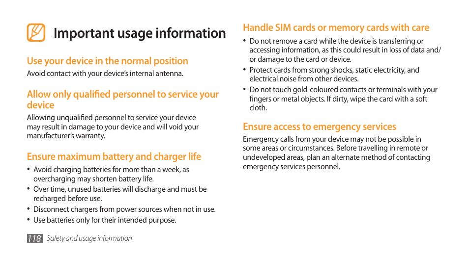 Important usage information | Samsung Galaxy 3 User Manual | Page 118 / 128