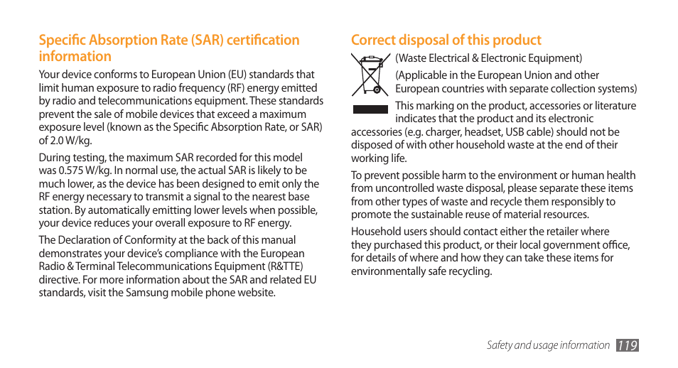 Correct disposal of this product | Samsung Galaxy 3 User Manual | Page 119 / 128