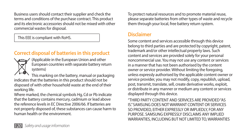 Disclaimer, Correct disposal of batteries in this product | Samsung Galaxy 3 User Manual | Page 120 / 128