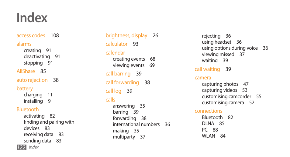 Index | Samsung Galaxy 3 User Manual | Page 122 / 128