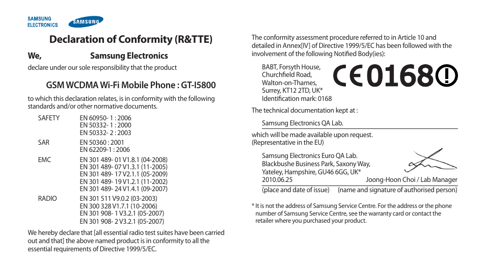 Declaration of conformity (r&tte) | Samsung Galaxy 3 User Manual | Page 127 / 128