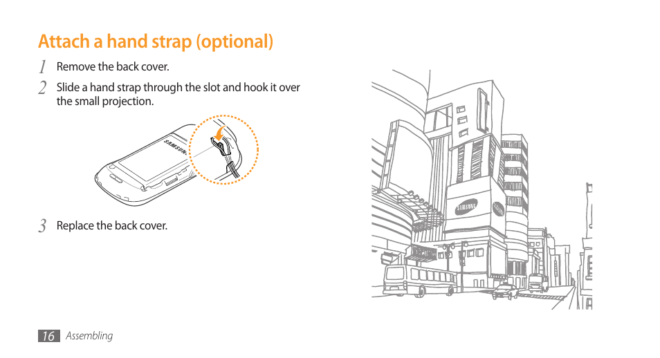 Attach a hand strap (optional) | Samsung Galaxy 3 User Manual | Page 16 / 128
